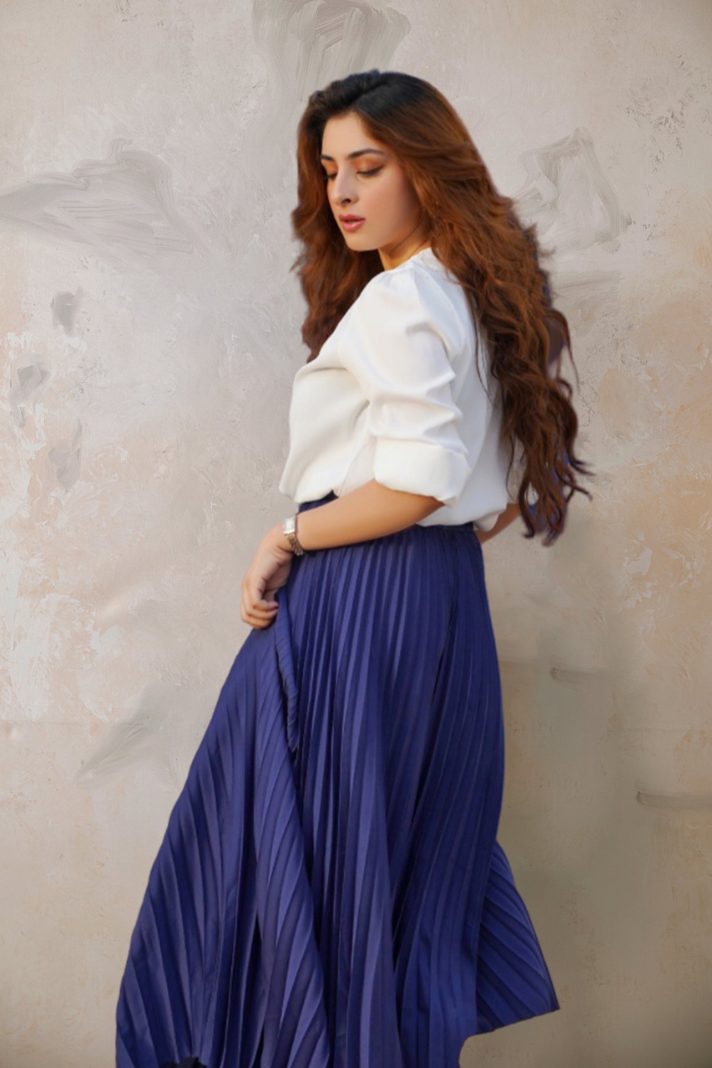 High Waist Silk Navy Wide Leg Trouser