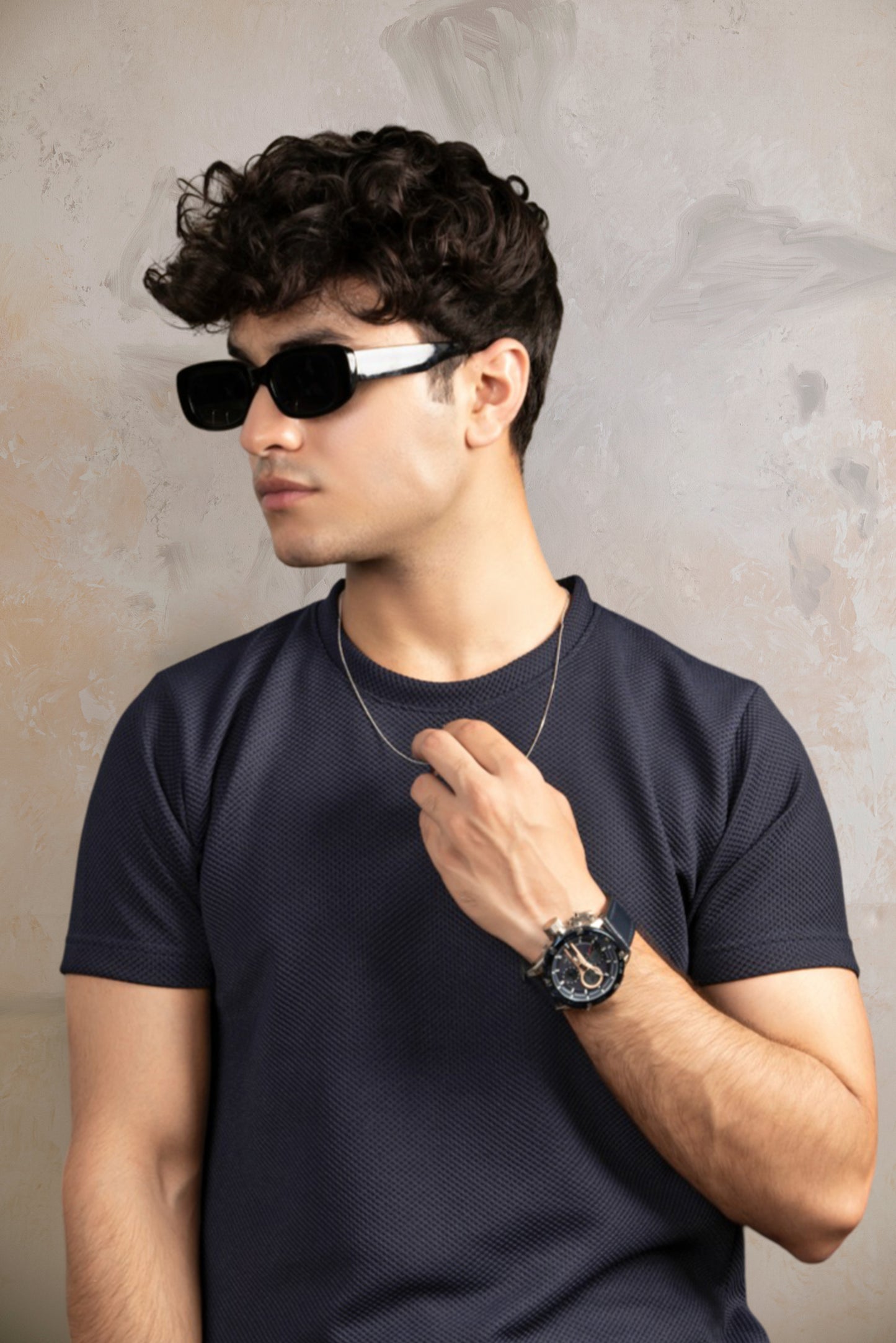 Navy Blue Cotton Textured Base Layer T-Shirt