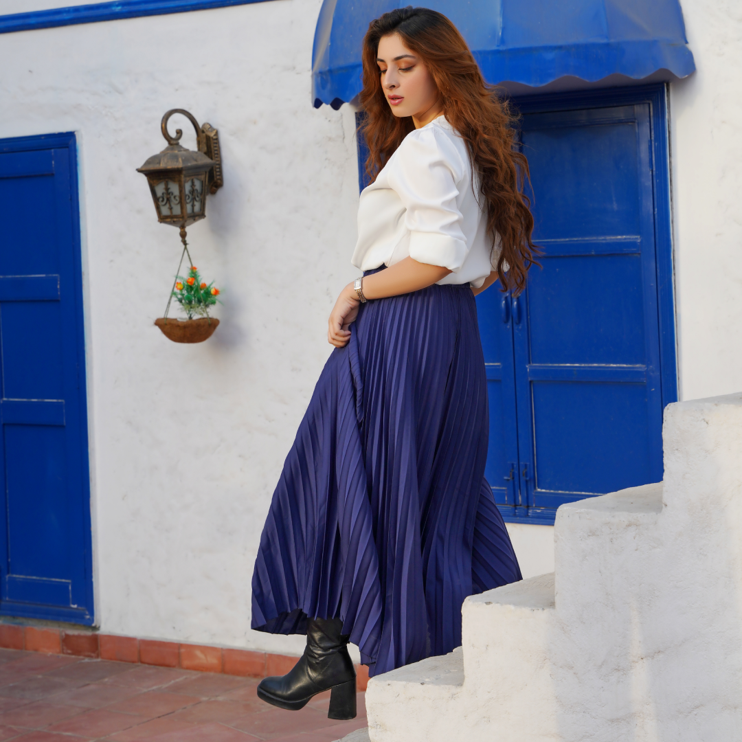 High Waist Silk Navy Wide Leg Trouser