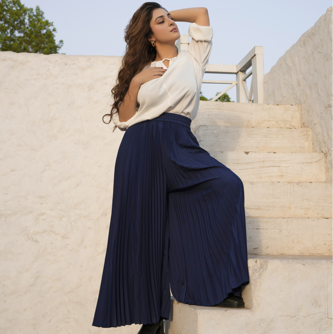 High Waist Silk Navy Wide Leg Trouser